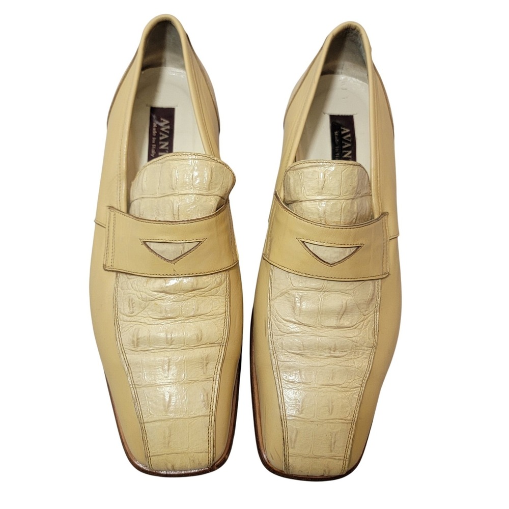 Avanti Cream Leather Croc Embossed Square Toe Penny Loafers Italy EU 45 US 12